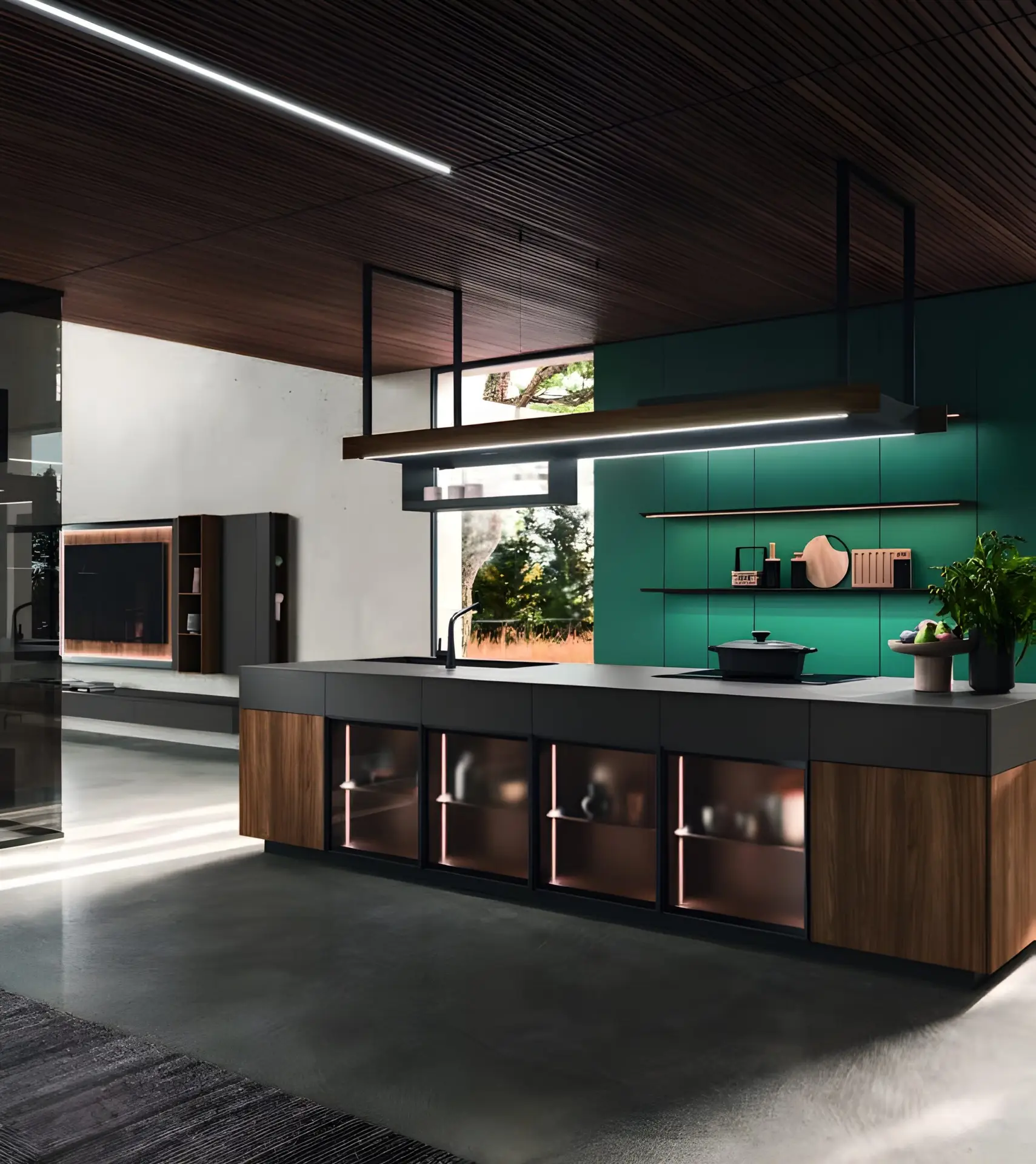 Cuisine moderne haut de gamme avec un grand îlot, des finitions en bois et en noir, des étagères ouvertes, un mur d'accent vert et des fenêtres allant du sol au plafond qui mettent en valeur la verdure extérieure luxuriante.