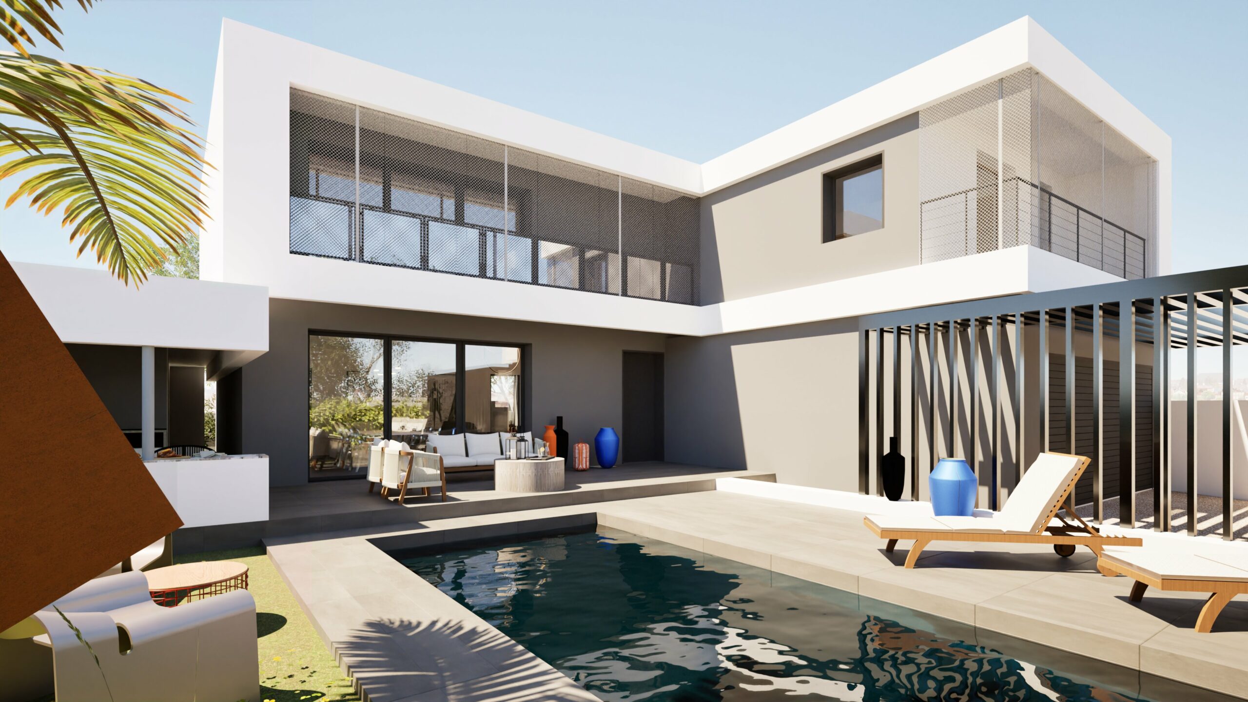 Maison moderne de deux étages avec piscine, chaises longues extérieures, patio ombragé et conception architecturale contemporaine - parfaite pour ceux qui recherchent une rénovation intérieure à La Grande-Motte par un spécialiste de la rénovation intérieure à la Grande Motte.