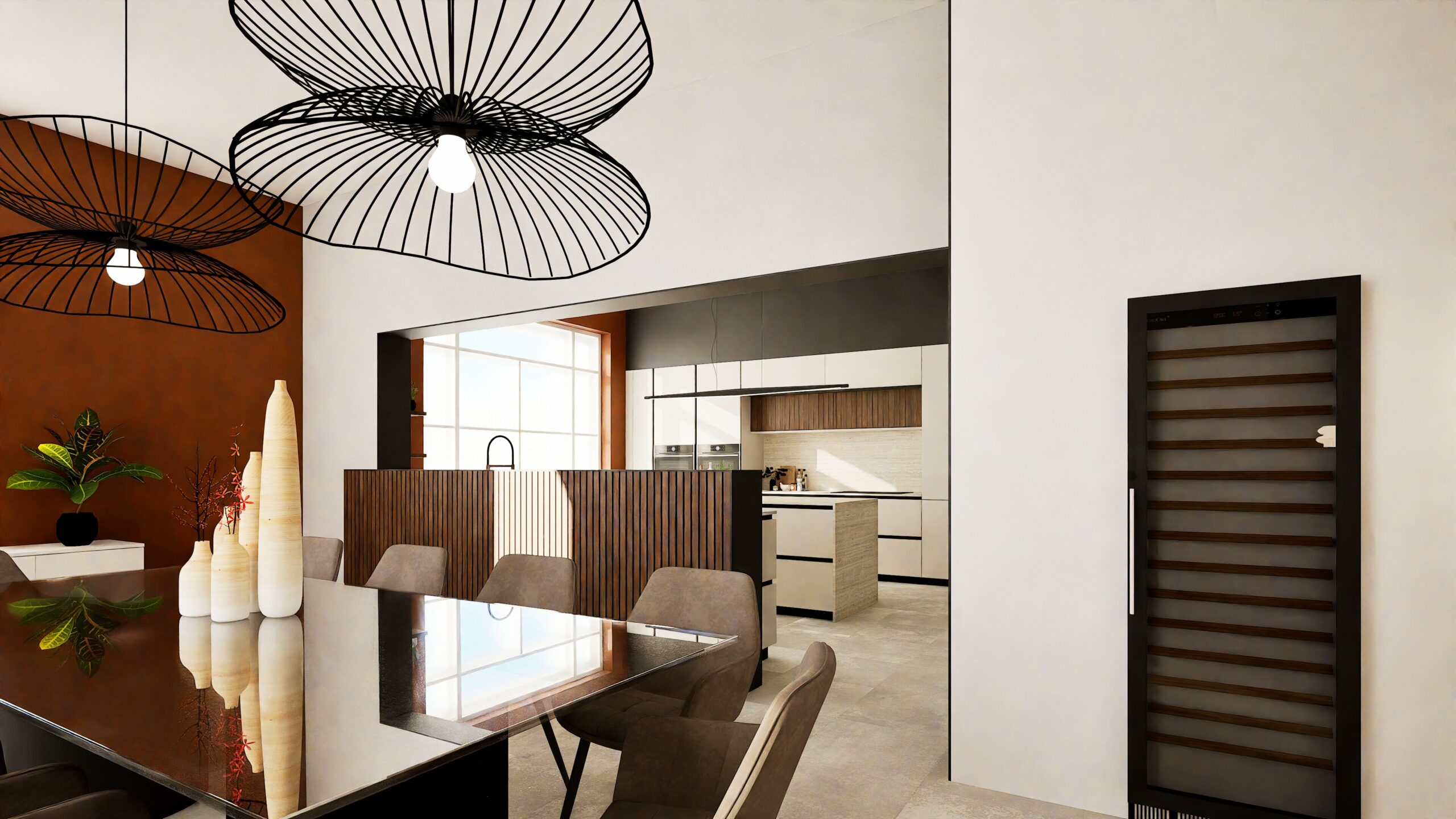 Salle à manger moderne avec une table en verre, des chaises beiges, des luminaires suspendus et des vases décoratifs - mettant en valeur l'aménagement intérieur élégant de Narbonne. Profitez de la vue élégante sur une cuisine contemporaine avec des armoires blanches et un réfrigérateur à vin sur la droite.