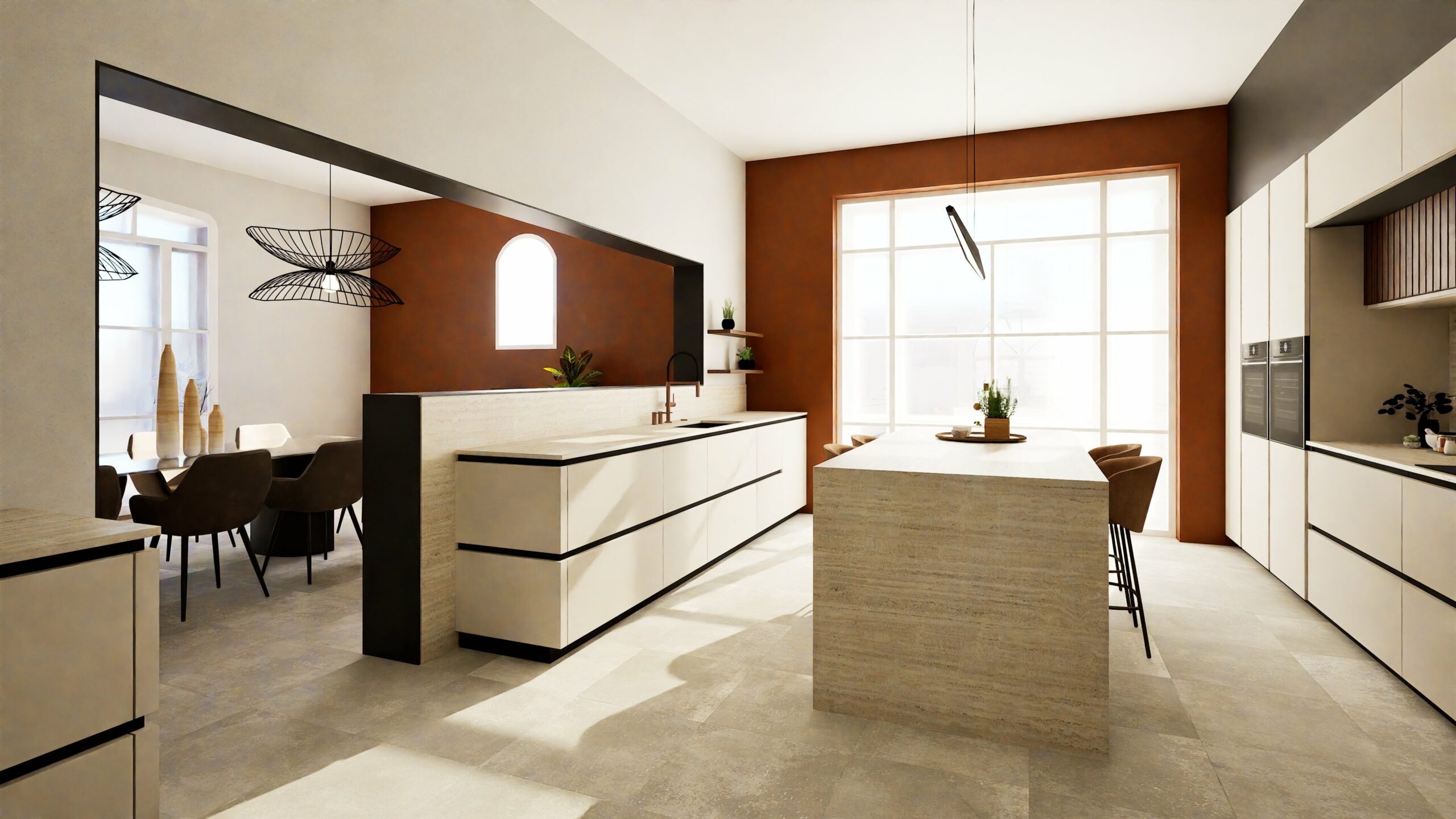 Vue après projet d'une cuisine moderne avec des armoires beiges, un îlot central, des tabourets de bar et de grandes fenêtres. Cette cuisine haut de gamme comprend un coin repas élégant avec une table et des chaises visibles à l'arrière-plan.