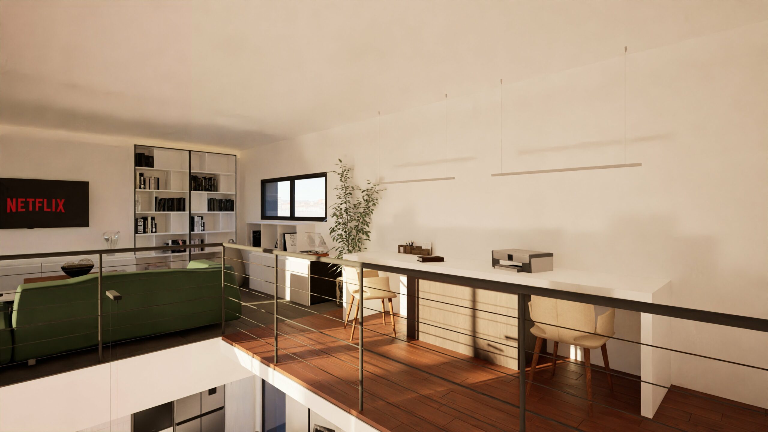 Un loft moderne, récemment rénové à La Grande Motte, avec un espace de travail en mezzanine comprenant deux bureaux, des étagères, une plante, et un espace de vie au rez-de-chaussée avec un canapé vert et une télévision affichant le logo Netflix.