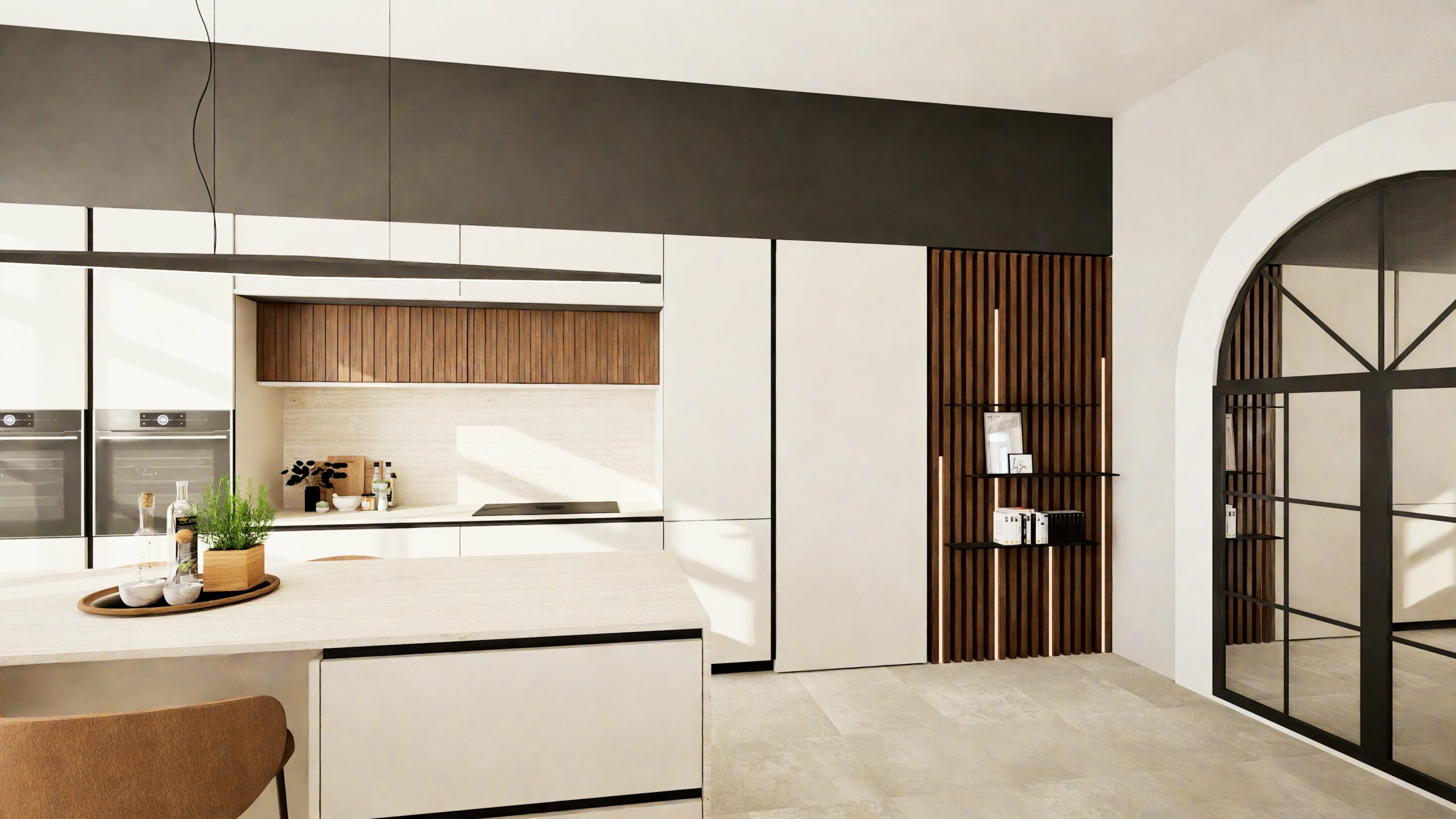 Cuisine moderne avec des armoires blanches, des fours encastrés, des accents en bois et un îlot avec une plante et une bouteille de vin. Grande fenêtre cintrée à droite - un exemple inspirant d'aménagement intérieur à Narbonne.