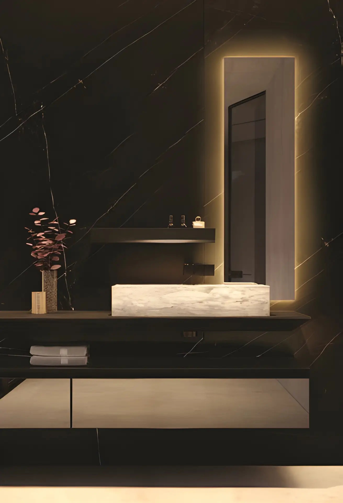Salle de bain moderne haut de gamme avec des murs en marbre foncé, un miroir rectangulaire éclairé, un évier en pierre blanche, un plan de travail noir et un vase avec des feuilles roses.
