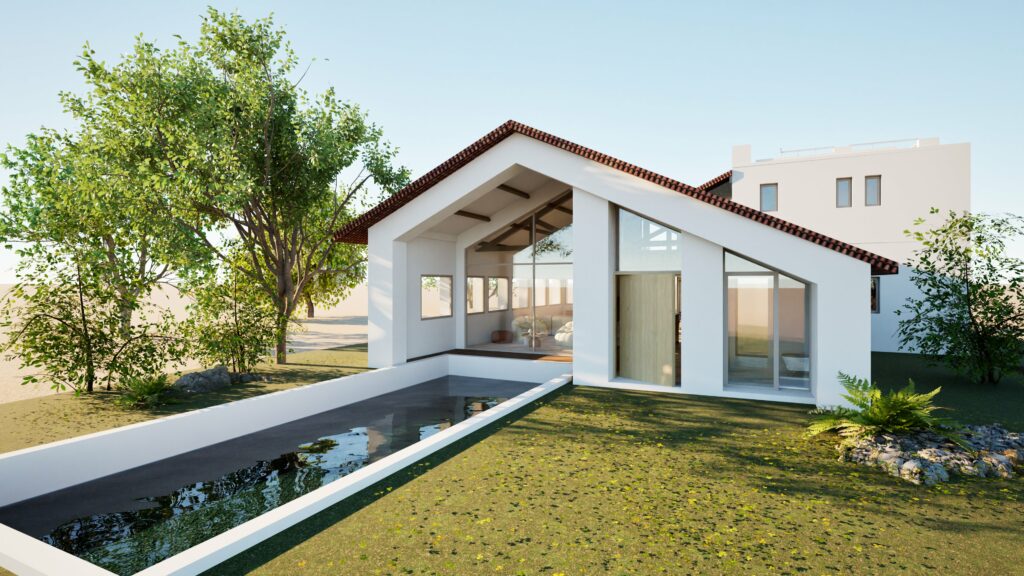 Maison blanche moderne avec un toit rouge incliné, de grandes fenêtres en verre et un étroit bassin de réflexion dans la cour avant, entouré de gazon et d'arbres - parfait pour inspirer l'aménagement intérieur Sète.