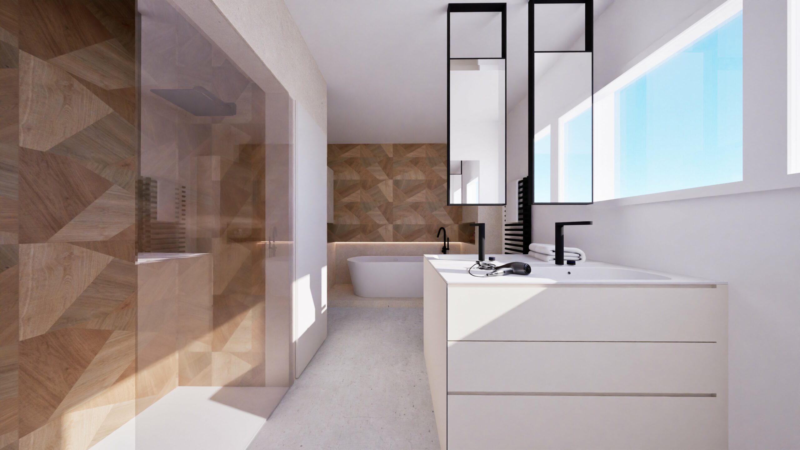Salle de bains moderne avec murs à motifs géométriques en bois, baignoire autoportante, deux lavabos avec des accessoires noirs, de grands miroirs et la lumière du soleil qui traverse les fenêtres.