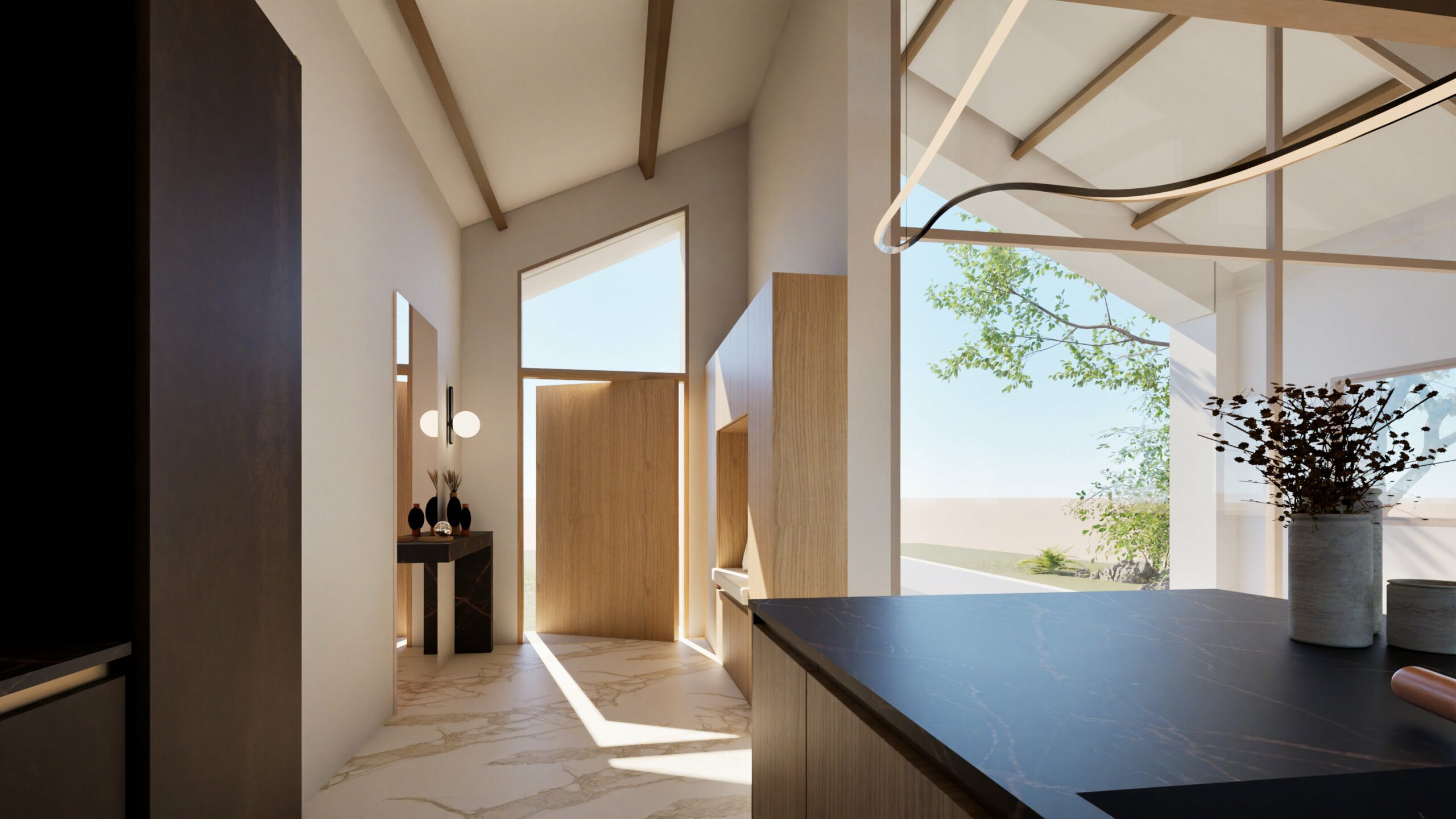 Intérieur moderne et ensoleillé avec de hauts plafonds, des poutres en bois, un sol en marbre et de grandes fenêtres donnant sur la verdure à l'extérieur. Une table console avec des lampes se trouve près de l'entrée.