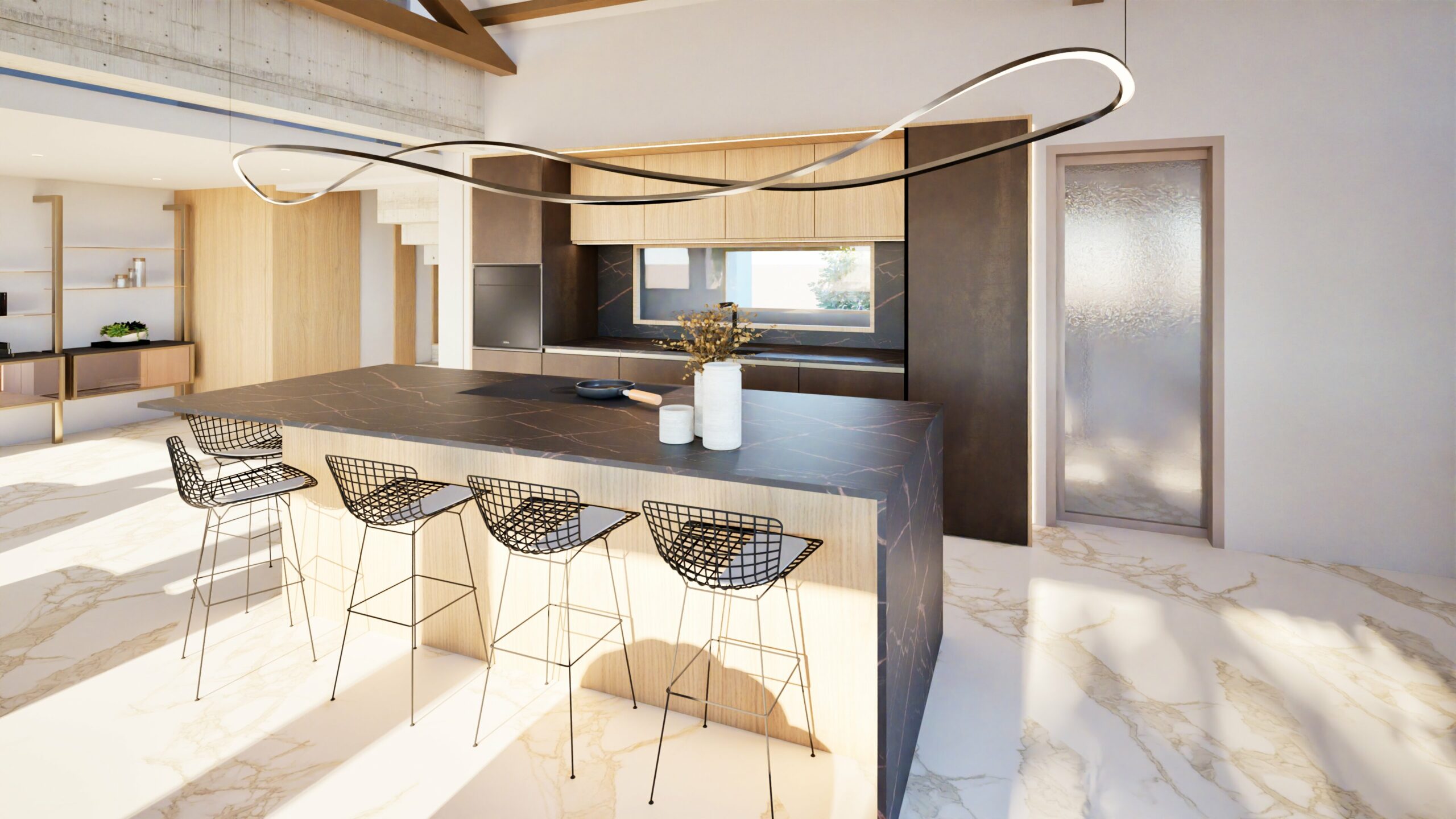 Cuisine moderne avec un grand îlot en marbre, quatre tabourets de bar en fil de fer, un décor minimaliste et un luminaire sculptural au plafond. Le sol en marbre et les armoires en bois reflètent l'élégance de l'aménagement intérieur de Sète.