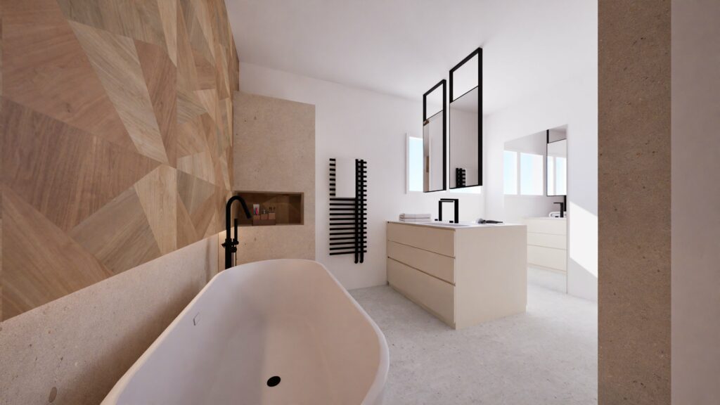 Salle de bains moderne avec une baignoire autoportante, un mur d'accent en bois, des luminaires noirs, un meuble-lavabo flottant, de grands miroirs et un décor minimaliste.