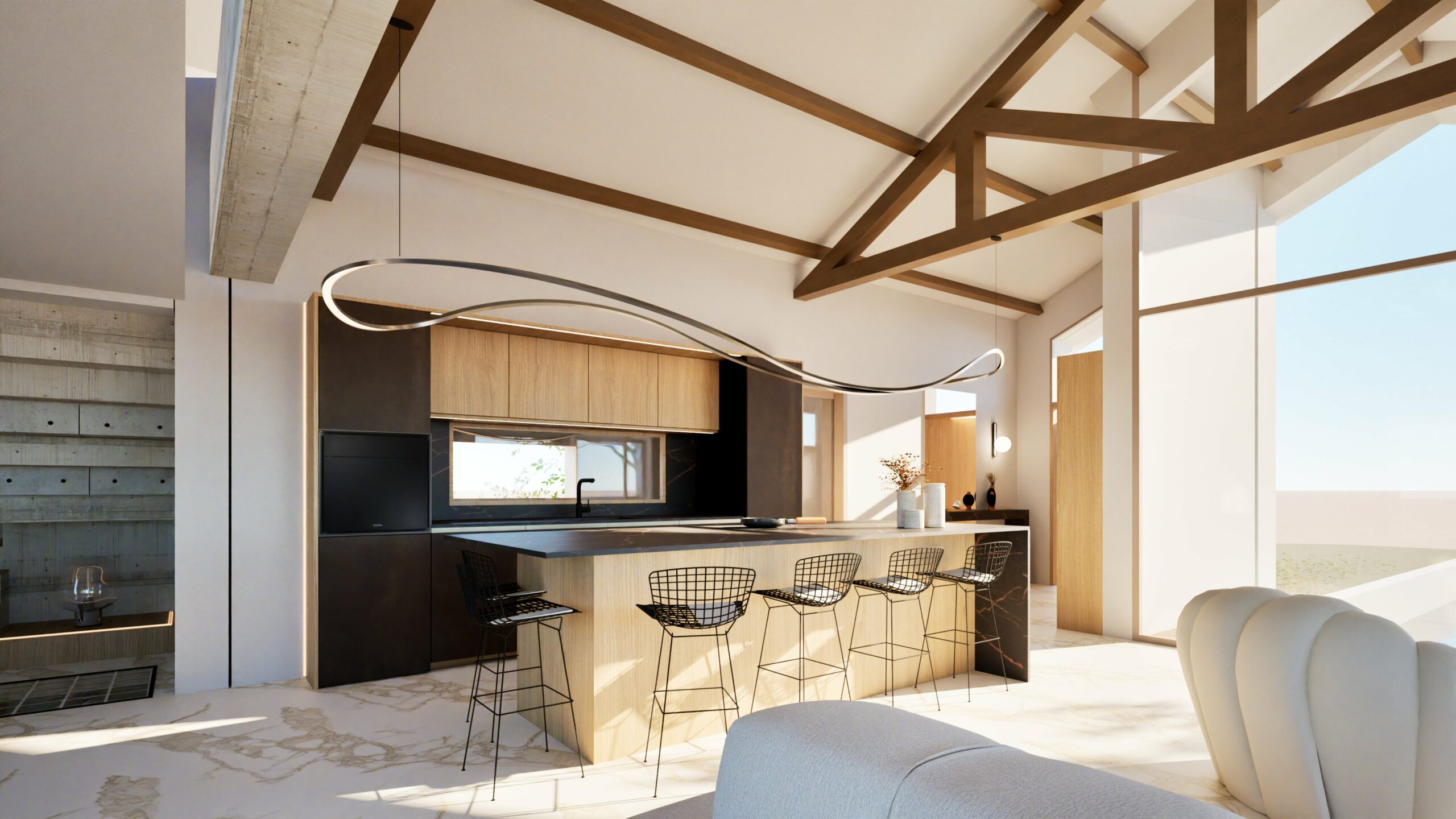 Cuisine moderne aménagement intérieur Sète avec de hauts plafonds, des poutres en bois apparentes, un grand îlot avec des tabourets de bar en fil de fer, des accents en bois clair et noir, et un luminaire sculptural au plafond.