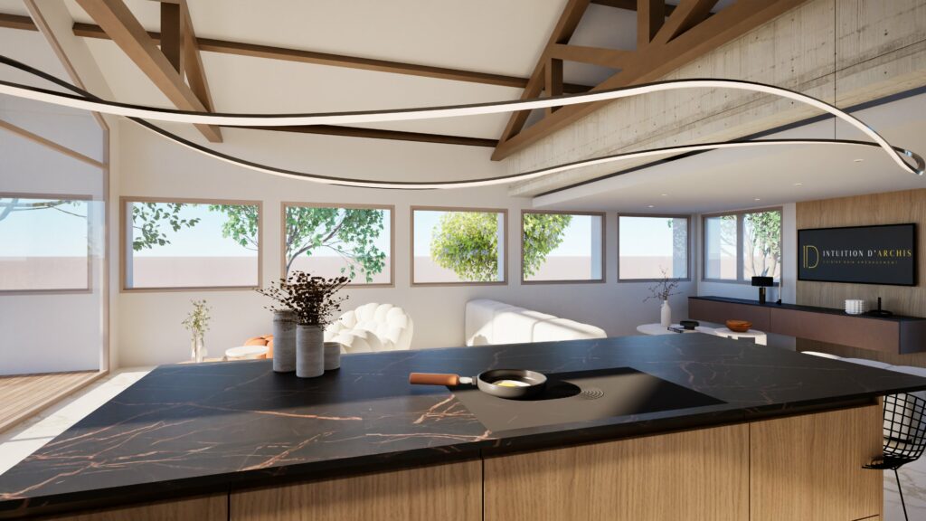 Cuisine moderne avec îlot en marbre foncé, plaque de cuisson encastrée, et espace de vie ouvert avec de grandes fenêtres, de la lumière naturelle et un décor minimaliste - parfait pour un aménagement intérieur élégant à Sète.